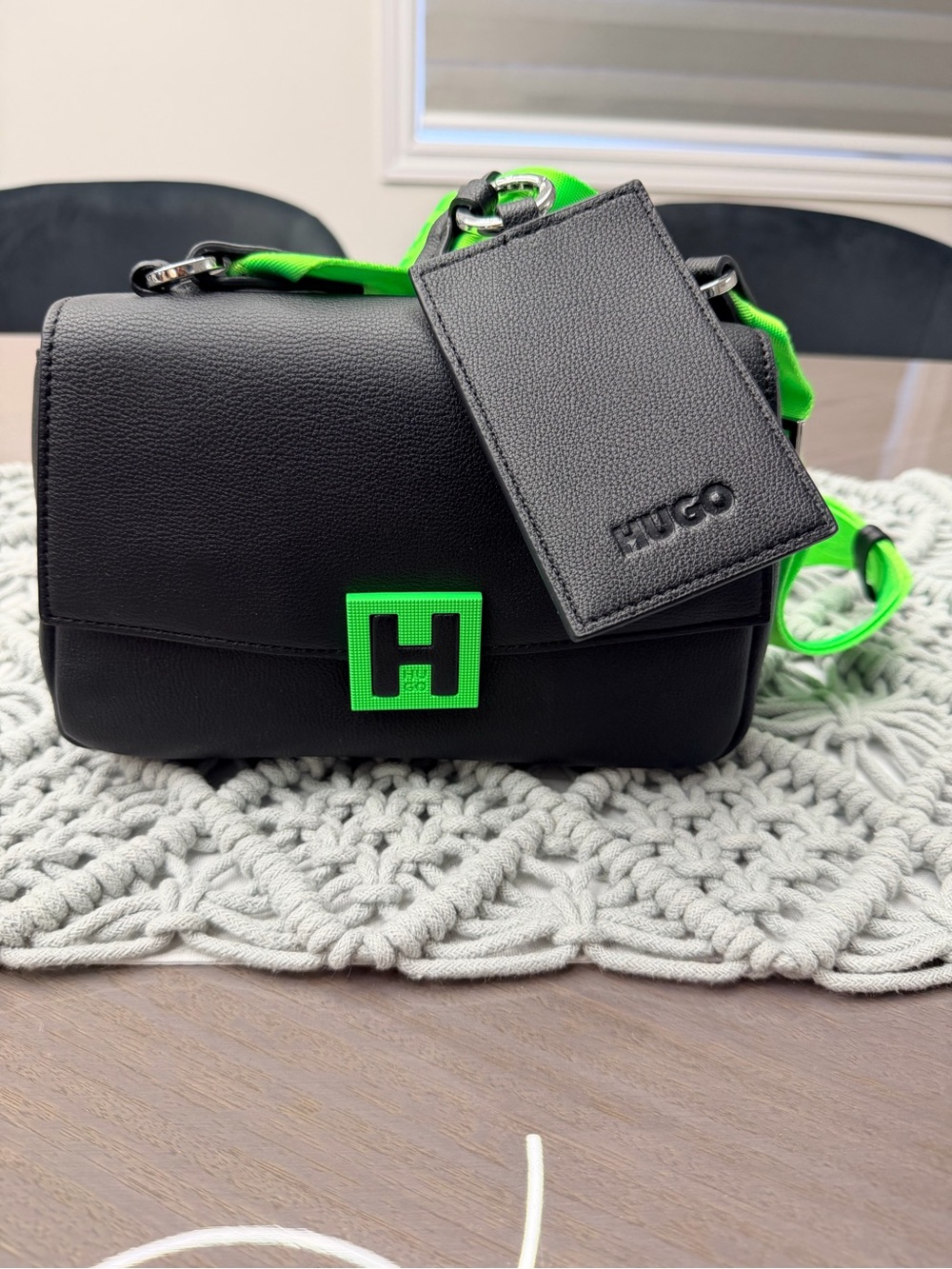HUGO Black Leather Messenger Bag with Neon Green Trim